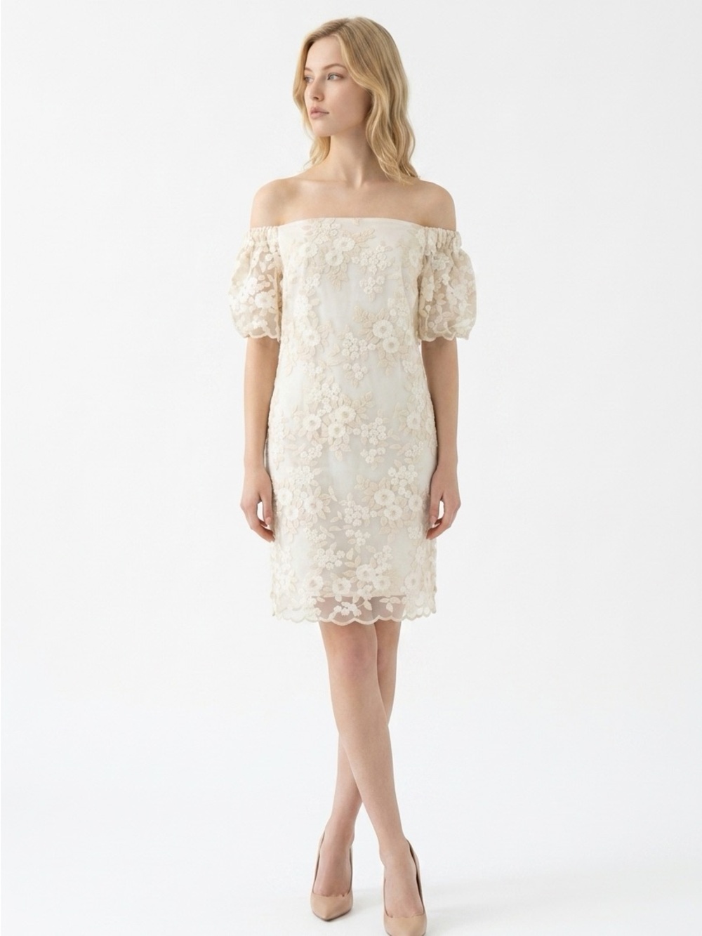 Trina Turk Off-Shoulder Floral Lace Dress in Ivory.  Sz M